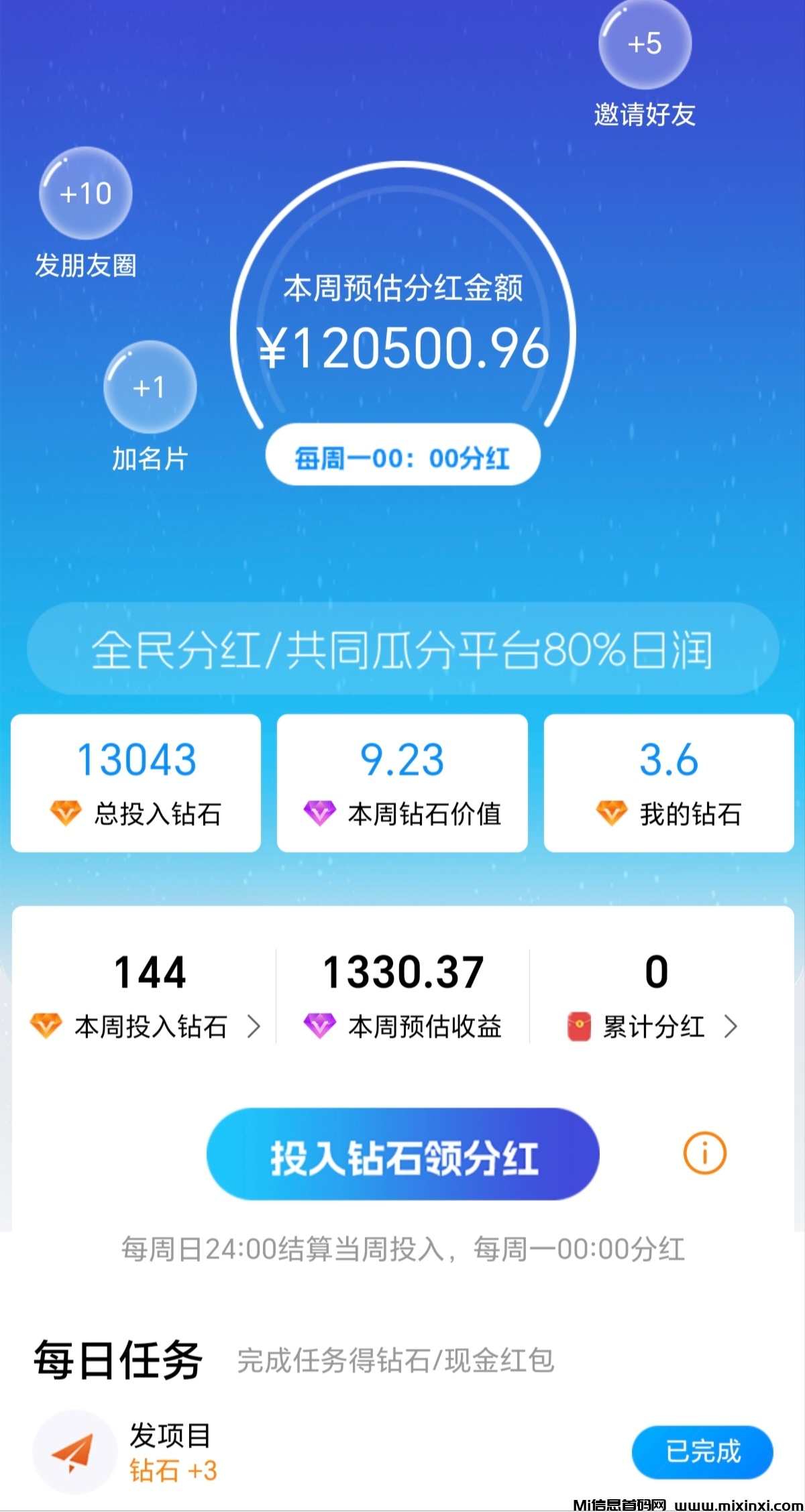首码木圈刚刚上线，签到得钻石每个钻石最高分红九米