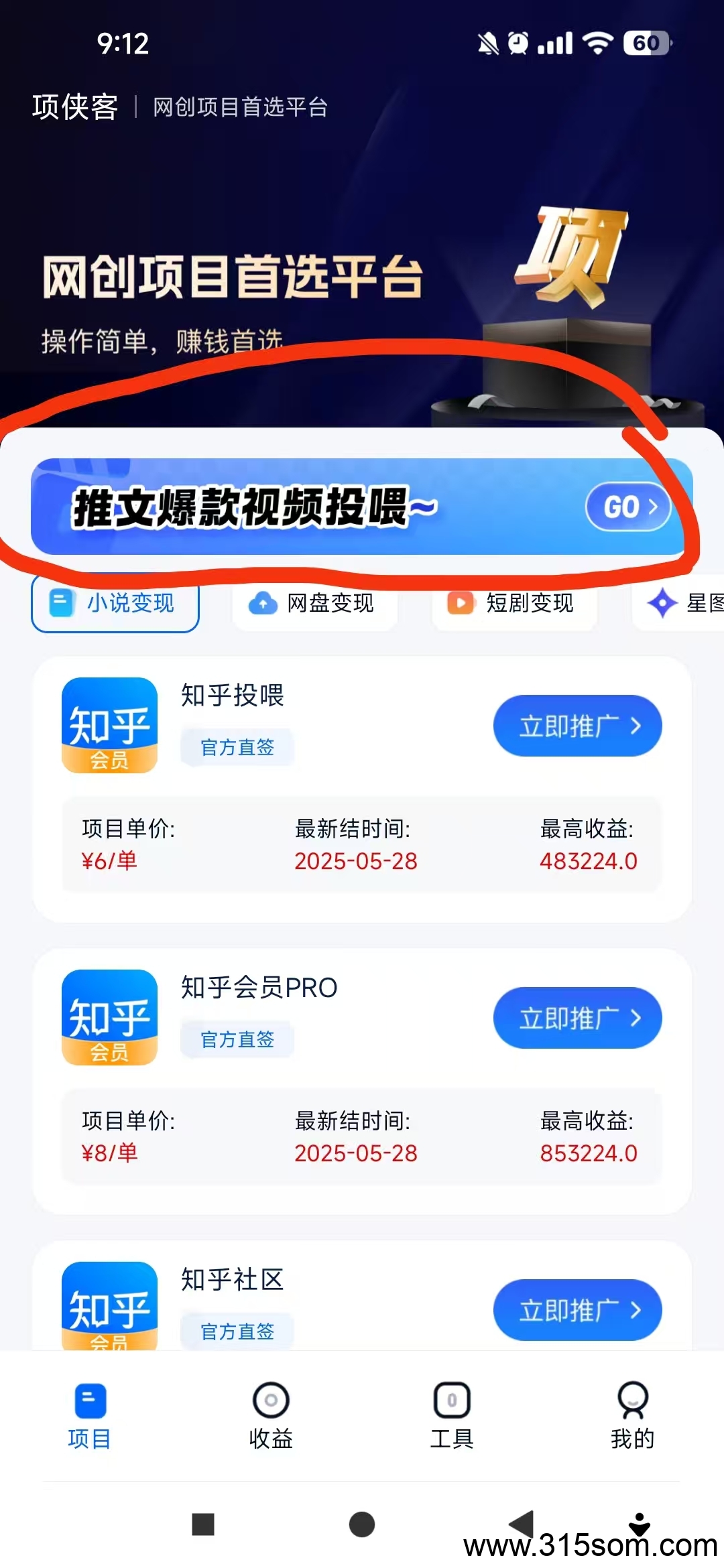 项侠客，超级简单，开通小说推文投喂，平台提供原创视频下载转发即可。