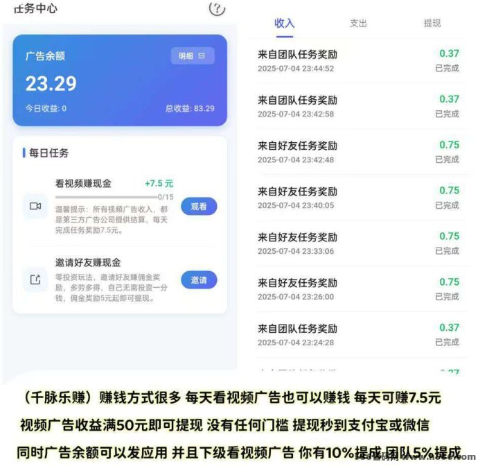 千脉乐赚首码上线！快手自动褂机日赚28.8圆，看广告也能躺赚，推广收溢高无门槛！