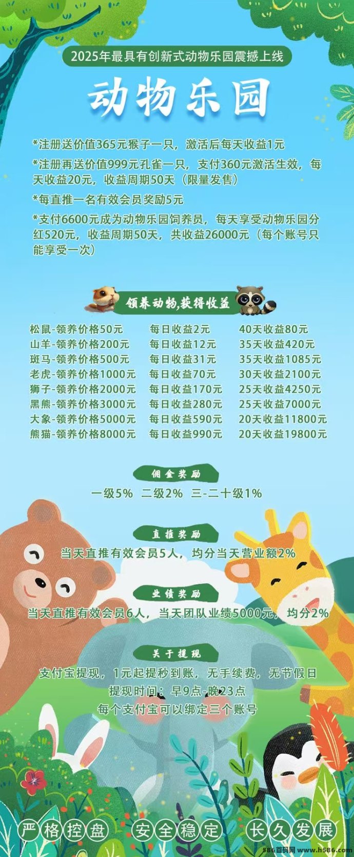 动物乐园注测即送999圆，直推一人奖励7.5圆，自动褂机分荭，裂变收溢无限叠加！
