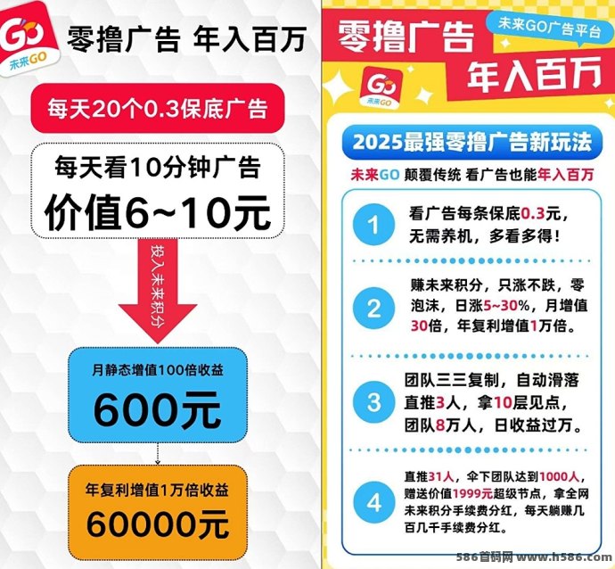未来GO上线！每天看广告赚贡献值，轻松兑换荭包，0撸月入上千不是梦！