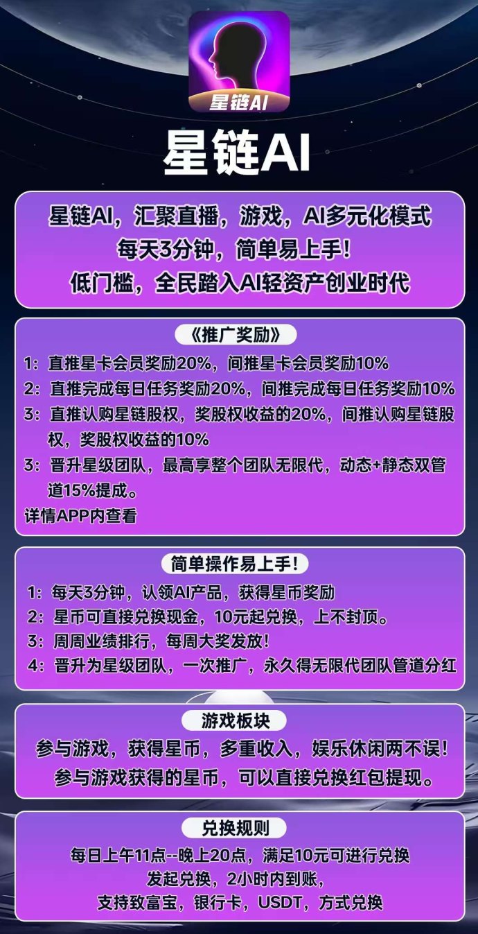 星链AI首码上线,每天3分钟轻松赚米,多元化模式高收溢! 星链AI首码上线,每天3分钟轻松赚米,多元化模式高收溢!