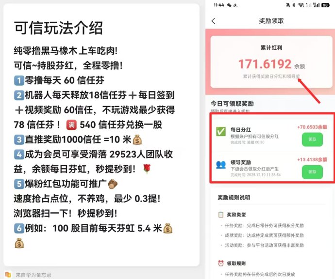 可信平台：纯零撸任务，分佣奖励与持股分荭，快速提取！